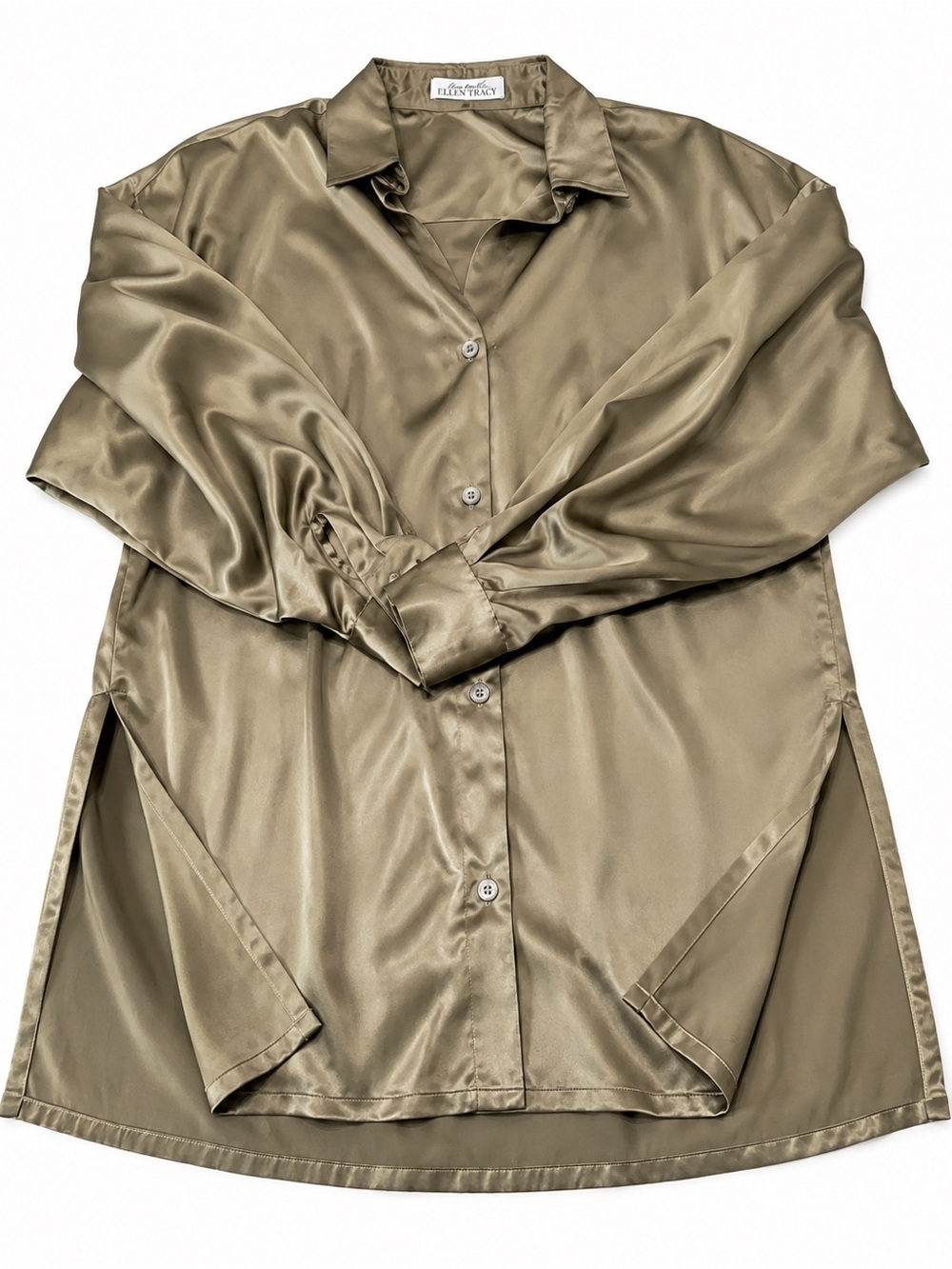 Ellen Tracy Satin Olive Button-Down Shirt